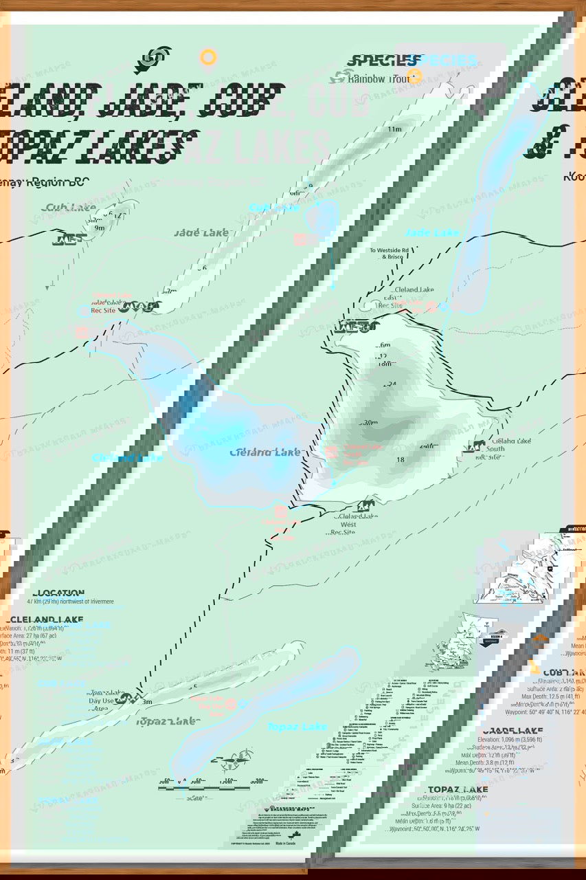 FKRBC44 Cleland, Jade, Cub, Topaz Lakes - Wall Map - Backroad Maps