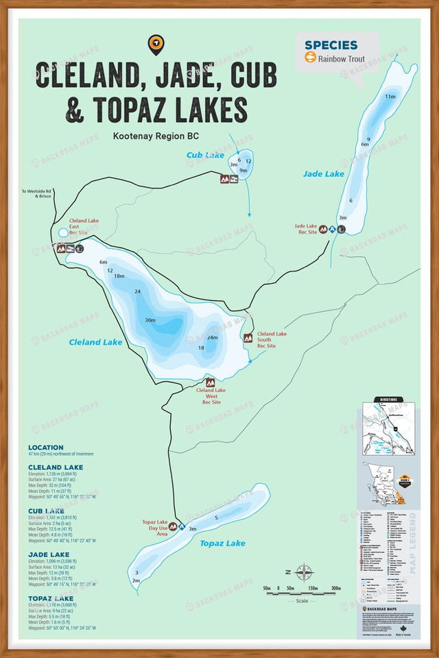 FKRBC44 Cleland, Jade, Cub, Topaz Lakes - Wall Map - Backroad Maps