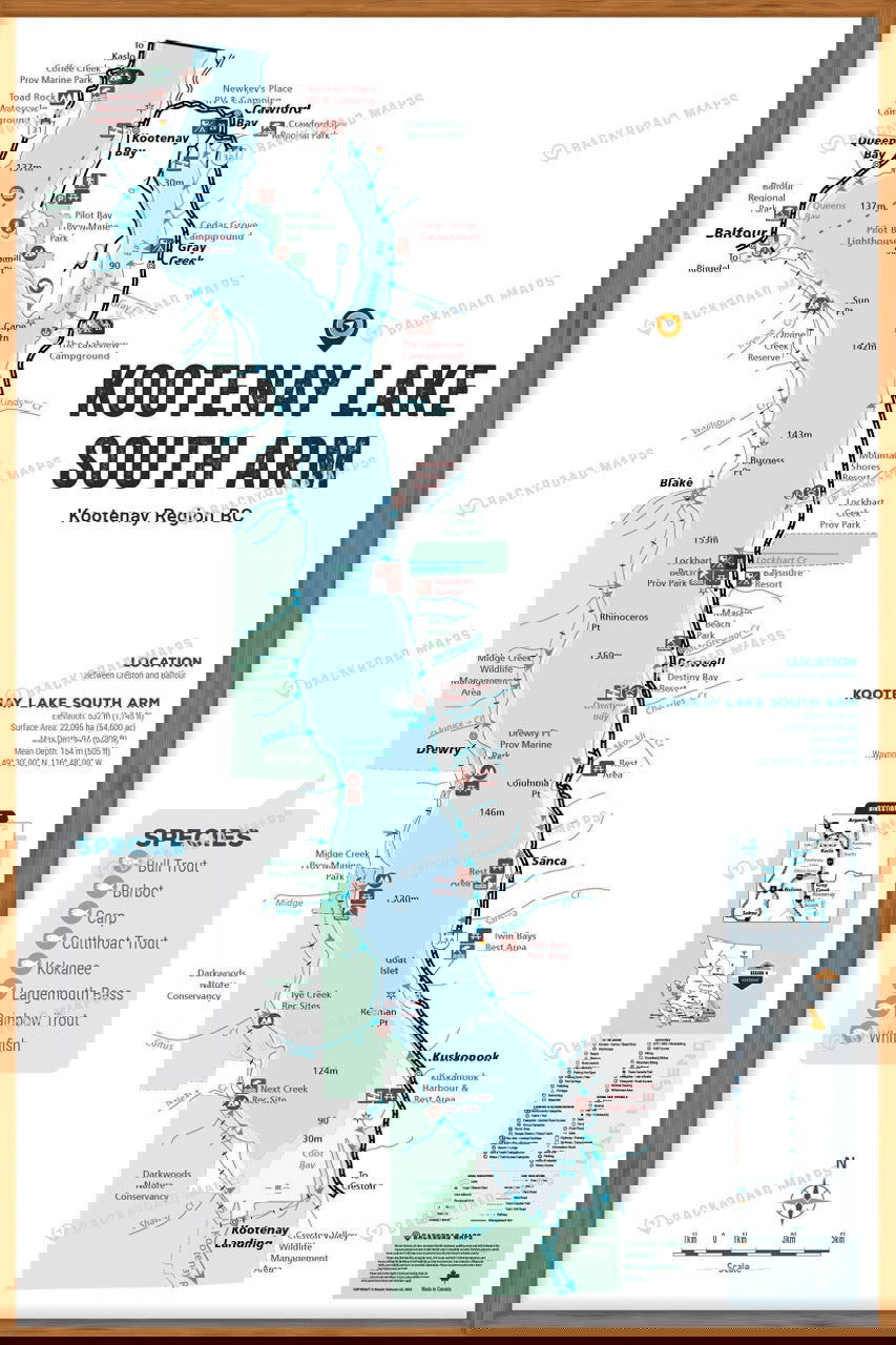 FKRBC68 Kootenay Lake - South - Wall Map - Backroad Maps