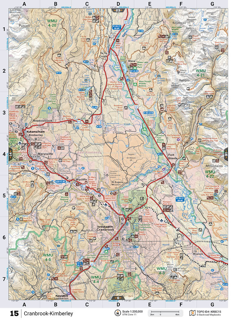 KRBC15 Wall Map - Cranbrook-Kimberley - Backroad Maps