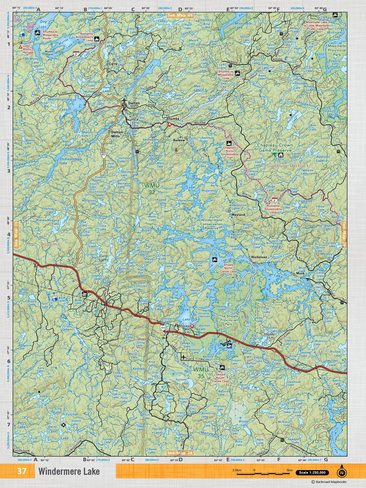 NEON37 Wall Map - Windermere Lake - Backroad Maps