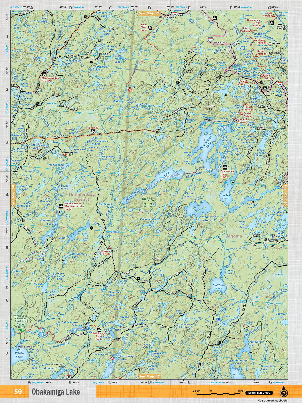 NEON59 Wall Map - Obakamiga Lake - Backroad Maps