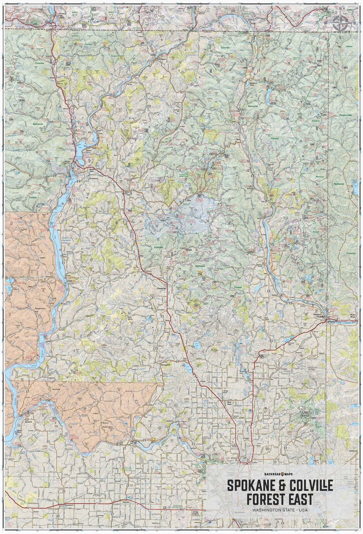 Spokane & Colville Forest East, Washington State - Wall Map - Backroad Maps