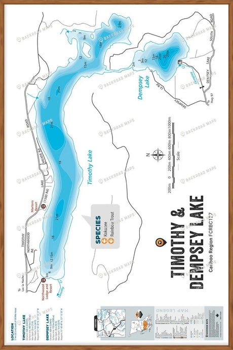 FCRBC127 Timothy & Dempsey Lakes  - Wall Map - Backroad Maps