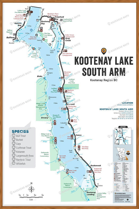 FKRBC68 Kootenay Lake - South - Wall Map - Backroad Maps