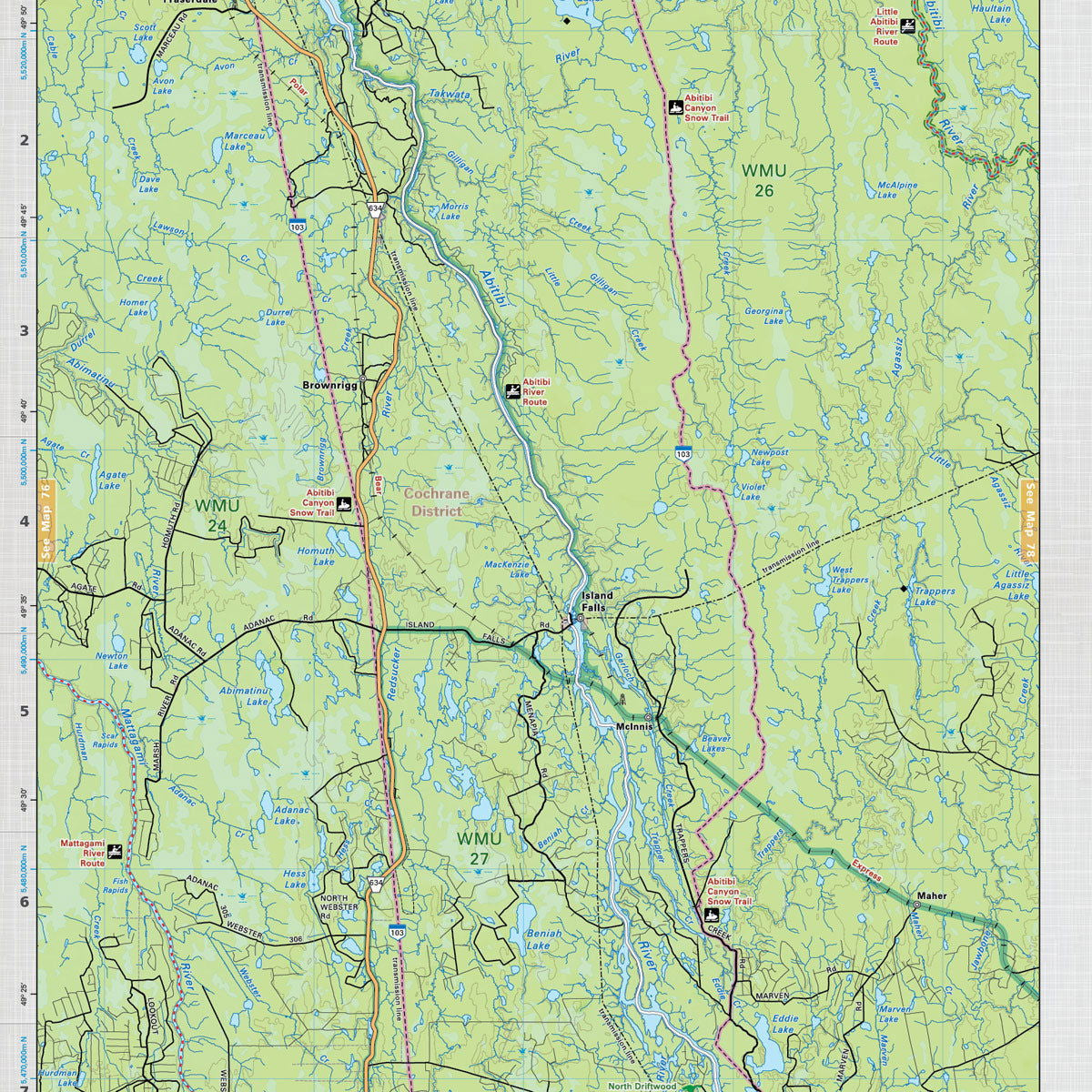 NEON77 Wall Map - Abitibi Canyon – Backroad Maps