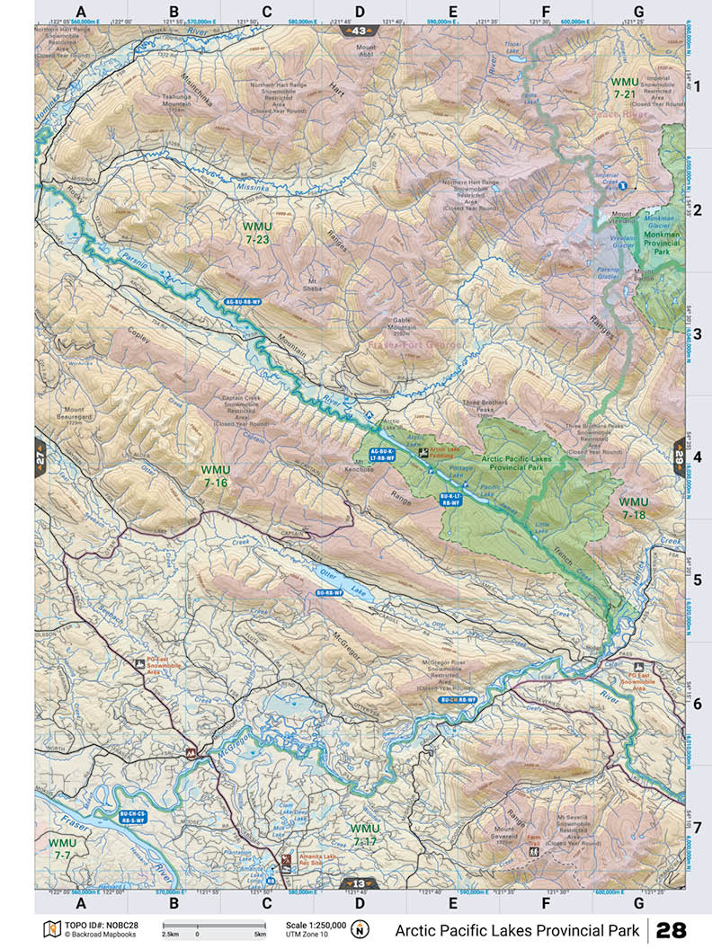 NOBC28 Wall Map - Arctic Pacific Lakes Prov Park - Backroad Maps